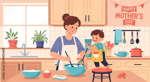 Happy Mother's Day A Loving Mother and Her Son Bake Together in a Cheerful Kitchen, Celebrating Family Bonds and Domestic Joy