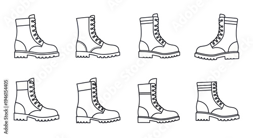 Set of eight black and white line art illustrations of combat boots