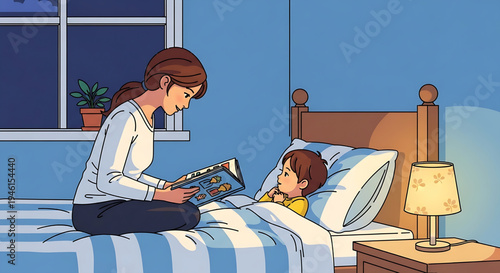 Mother reading bedtime story to her son in a cozy bedroom at night