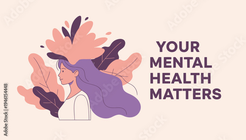 Vector illustration of woman with purple hair and mental health awareness message