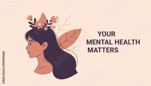 Vector illustration of woman with flowers in hair, mental health awareness