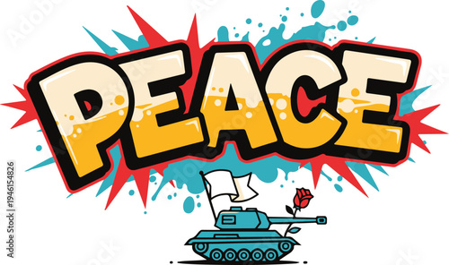 Peace Typography in Comic Pop Art Style with Military Tank, White Flag and Red Rose, Anti-War Concept Illustration for Social Justice and Harmony Isolated on White Background.