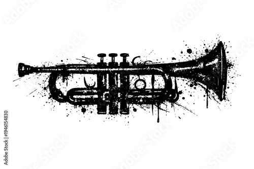 A black and white illustration of a trumpet with a grunge effect, music instrument, trumpet with splatters