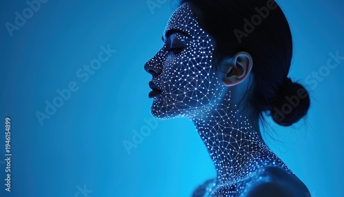 Woman face side profile with digital grid overlay. Futuristic skin scan with blue light for beauty analysis and cosmetic tech promotion. AI dermatology concept.
