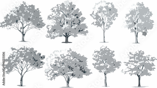 Collection of grayscale vector trees displayed on a white background