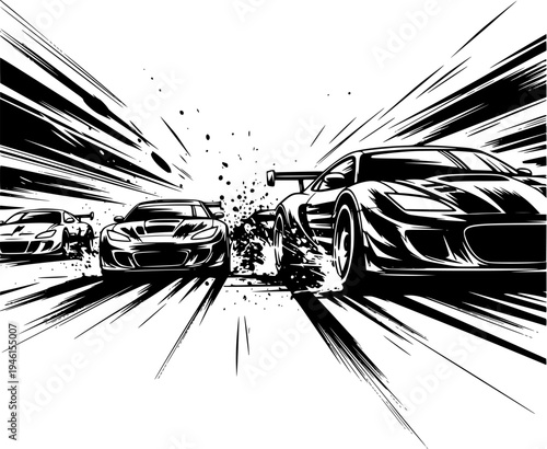High Speed Sports Car Racing Scene Illustration with Motion Lines, Supercar Competition Graphic for Motorsport, Speed and Racing Event Design
