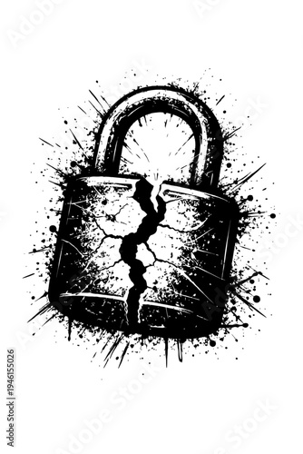 A broken padlock with a cracked body and splattered paint effect on a white background, symbolizing security breach or freedom.