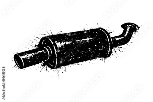 Black and white illustration of a car muffler with grunge effect, automotive exhaust system component