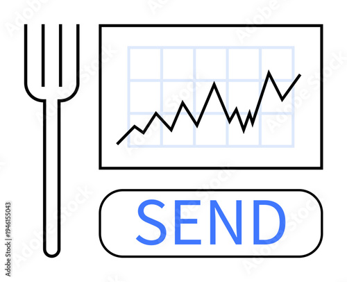 Business strategy, market growth, data sharing, digital communication, finance analytics, culinary business trends. Line graph, fork and send button are displayed. Business strategy and market
