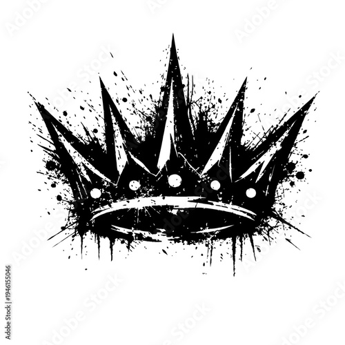 A black and white illustration of a grungy crown with sharp spikes and paint splatters on a clean white background