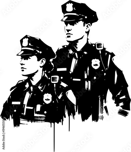 Two Police Officers Portrait Illustration in Grunge Ink Style, Law Enforcement Officers Graphic for Security, Public Safety and Justice Concept