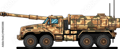 Truck mounted desert artillery with camouflage pattern barrel
