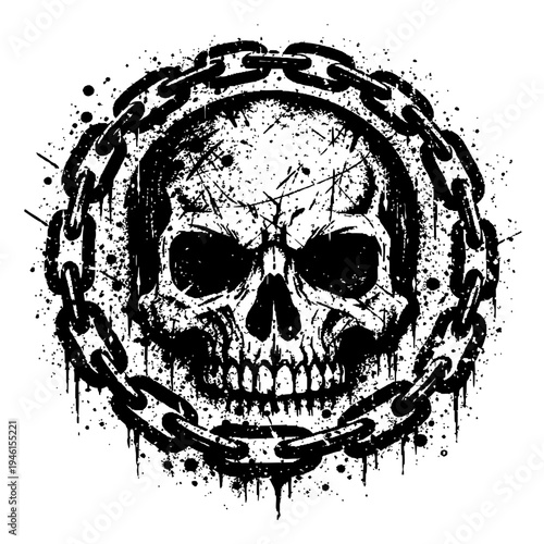 Black and white skull with chains on white background, graffiti style illustration for t-shirt or poster design