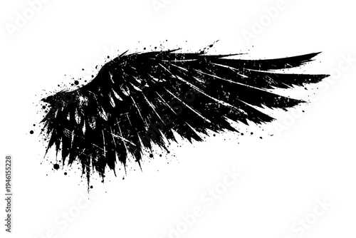 A black wing with paint splatters on a white background, symbolizing freedom and creativity in a distressed artistic style.