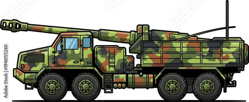 Woodland camo truck mounted artillery system