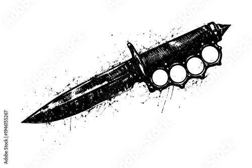 A black and white illustration of a dagger with a knuckle duster handle on a white background with ink splatters