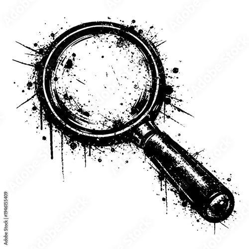 A black magnifying glass with grunge effect on white background for search and investigation concepts