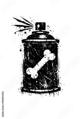 Black and white stencil art of a spray can with a bone symbol, graffiti style, abstract background with splatters