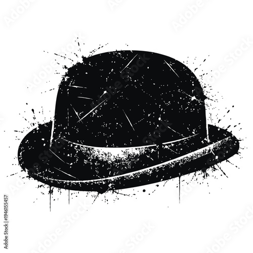 Grunge-style illustration of a classic bowler hat with paint splatters on white background for artistic and design projects