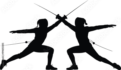 Two female fencers in a competitive stance with swords