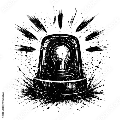 Black and white illustration of a light bulb with a siren on a white background with grunge effect and paint splatters around