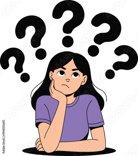 A cartoon woman with question marks thinking deeply about something