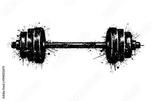 A black and white illustration of a dumbbell with a grunge effect, symbolizing strength and fitness, for gym and workout concepts.