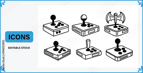 Collection of six different video game controllers with various joysticks and buttons  editable stock icons