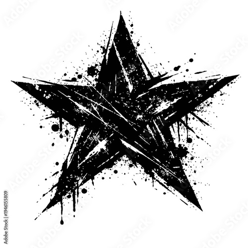 Black star symbol with grunge effect and paint splatters on white background for design and decoration