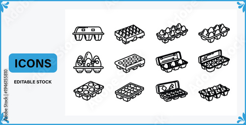 Collection of various egg carton icons in line art style for food and grocery shopping concepts  editable stock