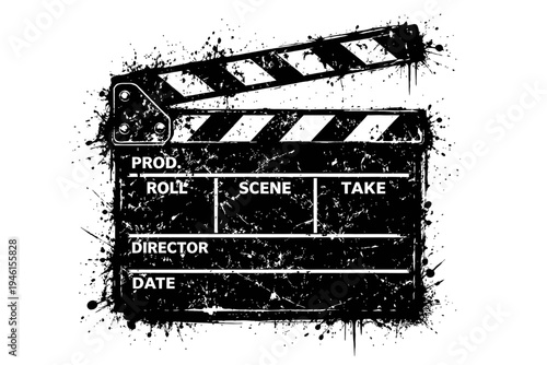 Film clapper board with paint splatters on white background for movie production