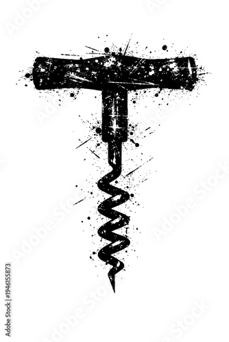 Black and white illustration of a wine corkscrew with grunge effect, isolated on white background for design and decoration