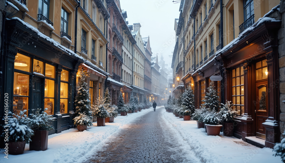 Fototapeta premium Snow falls on old European street lined with buildings and small fir trees. A lone person walks on cobblestone path. Cozy shops glow warmly.