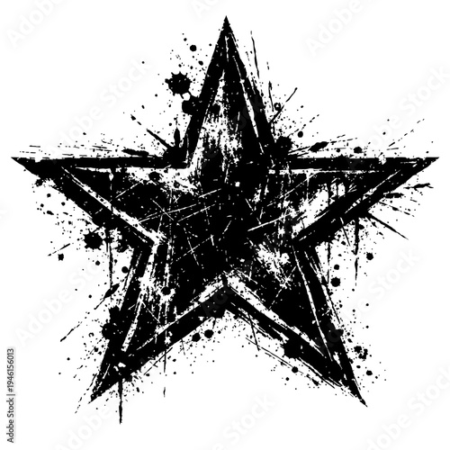 Black star symbol with grunge effect and paint splatters on white background