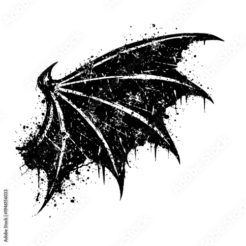 Grunge style illustration of a dark bat wing with splatters and scratches on white background