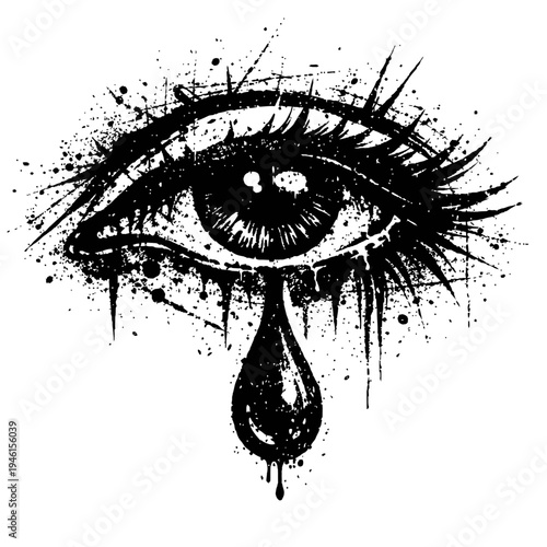 A black and white illustration of a crying eye with a tear drop and paint splatters around it on a white background