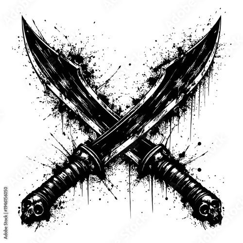 Two crossed daggers with skull handles and black paint splatters on white background, symbolizing danger and aggression