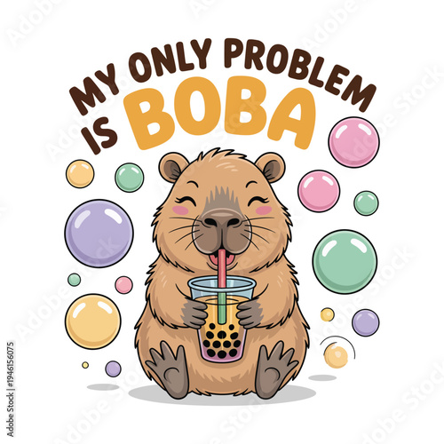 A cartoon capybara enjoying a boba tea with colorful bubbles