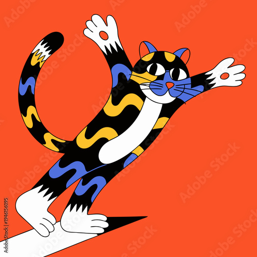 A playful cartoon cat with a vibrant, colorful design against an orange background. The cat is mid-action with its arms and tail raised, adding a sense of energy