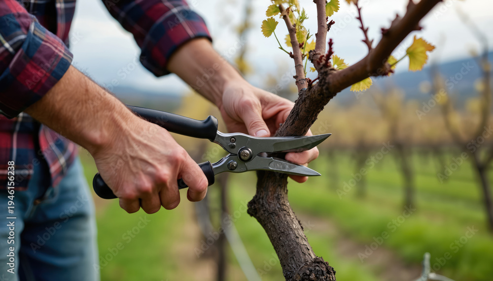 Obraz premium Winemaker uses steel scissors to prune vine branches in vineyard. Hands carefully cut plant stems during winter season. Farming process for healthy grape growth.
