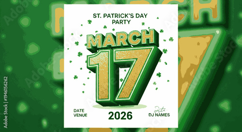 St patrick's day party invitation with green background and gold numbers
