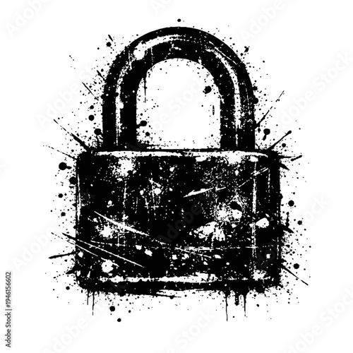 Black grungy padlock with paint splatters on white background, symbolizing security and protection in a distressed artistic style