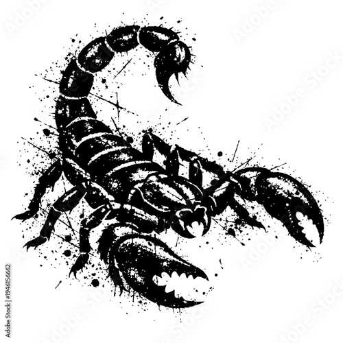 A black scorpion with a menacing posture on a white background with paint splatters around it looking aggressive