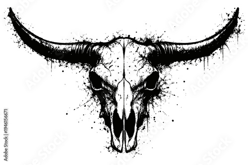 A black and white illustration of a bull skull with horns and paint splatters on a white background for t-shirt design or tattoo