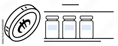 Cryptocurrency, digital finance, investment, healthcare, pharmaceuticals, blockchain tech. Coin with crypto symbol and medicine bottles on a shelf. Cryptocurrency and pharmaceuticals concepts
