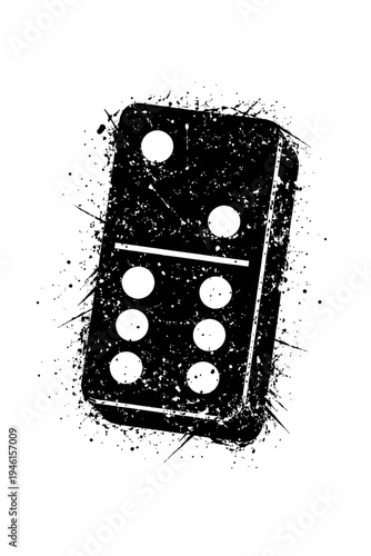 Grunge domino piece with white dots on black background, isolated on white with paint splatters