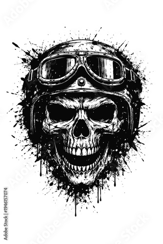Black and white illustration of a skull wearing goggles on a splattered background