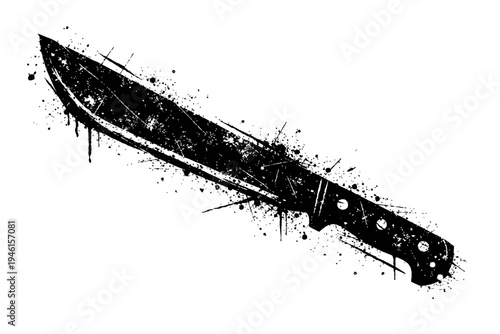 A black and white illustration of a bloody knife with a grunge effect on a white background, symbolizing violence and danger.