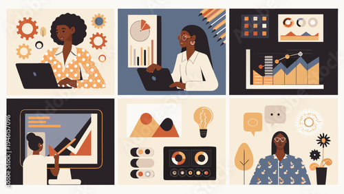 Diverse women analyzing data and presenting insights using technology