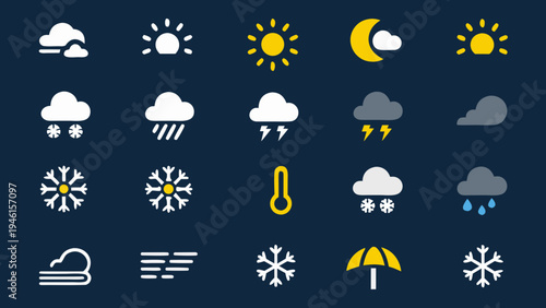 Collection of colorful weather icons depicting various atmospheric conditions